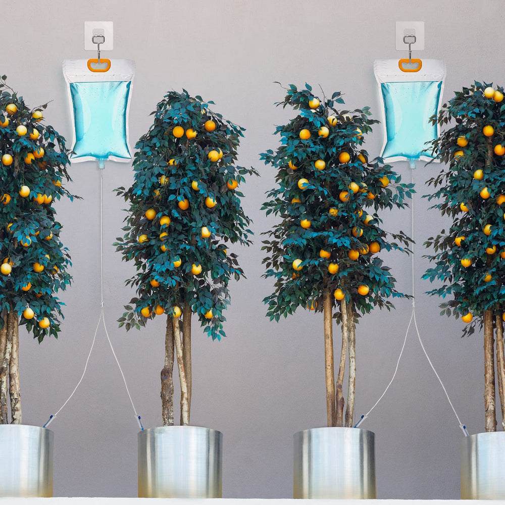 Honeydak hanging bag attached to a balcony planter providing hands-free watering