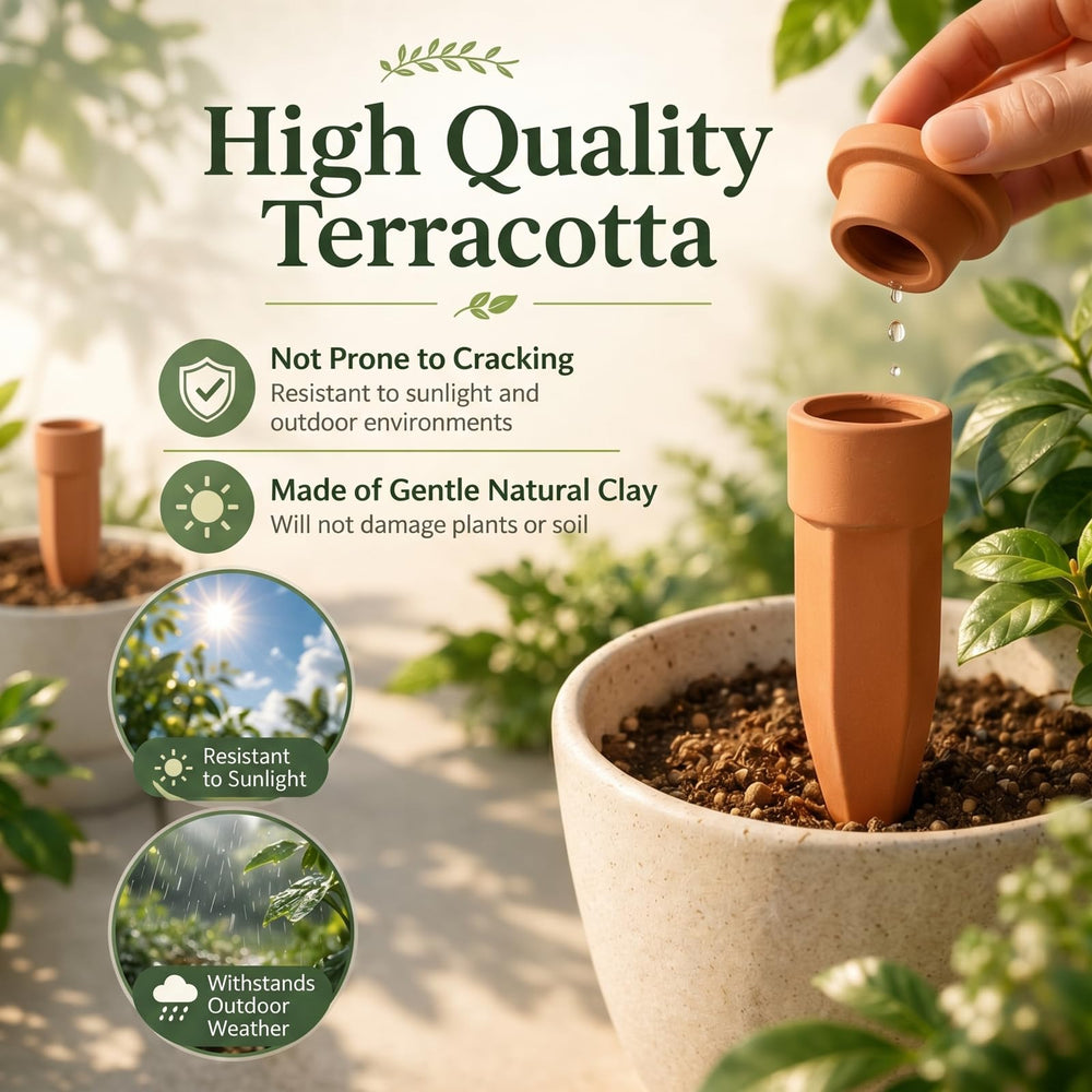 Honeydak spike inserted in pot delivering water to plant roots