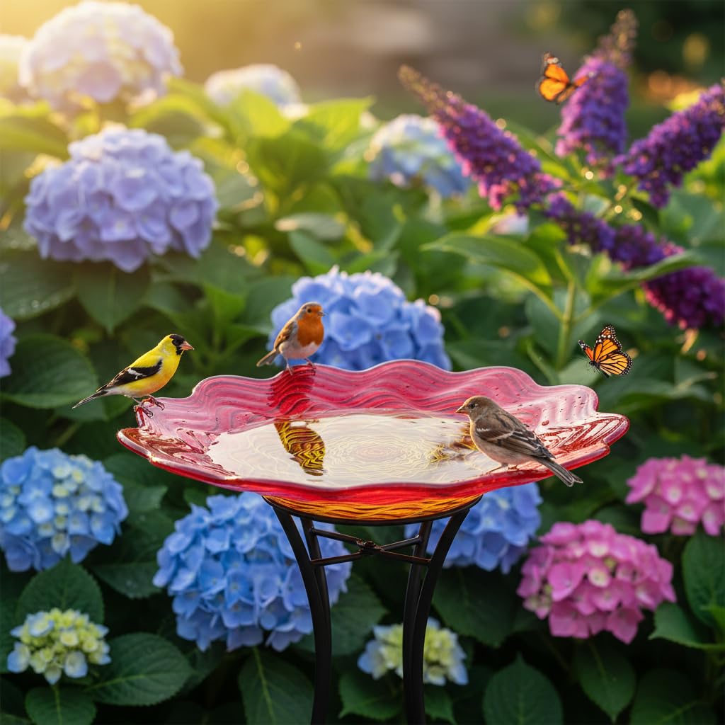 HONGLAND bird bath placed in a garden setting attracting birds and enhancing landscape