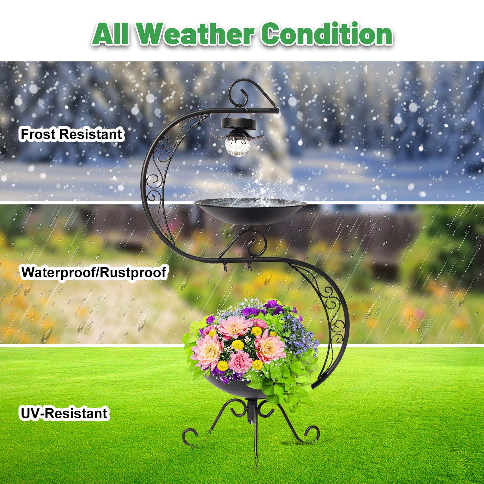 HONGLAND bird bath beside patio chair showing scale and benefit: suitable 36-inch height for yards