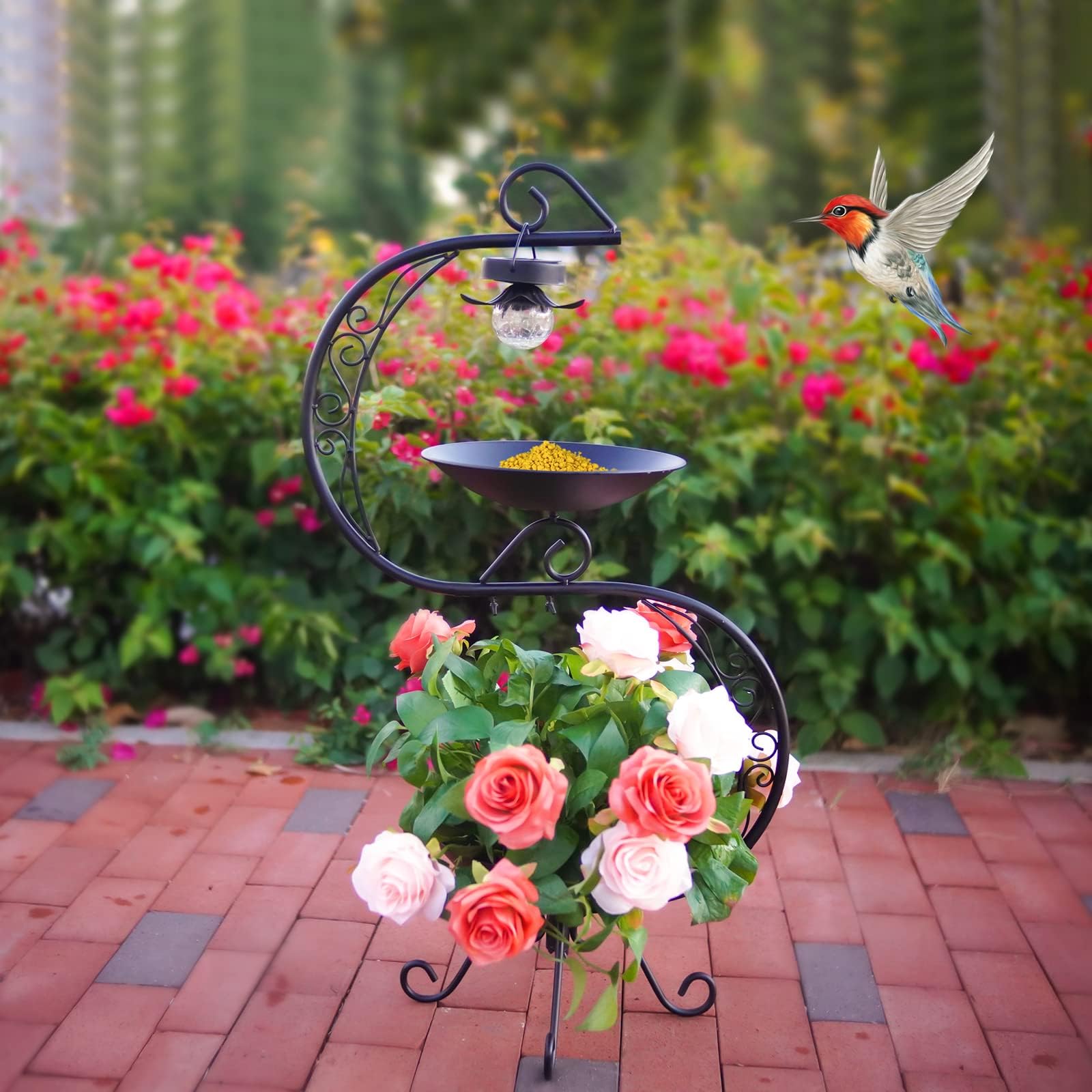 HONGLAND solar panel detail on bird bath showing waterproof module and benefit: effortless night charging