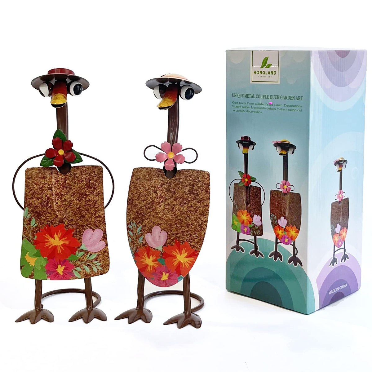HONGLAND front view of painted duck couple showing cheerful detail and curb appeal