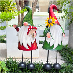 HONGLAND front view of two 18-inch metal gnome stakes showing vibrant colors and design