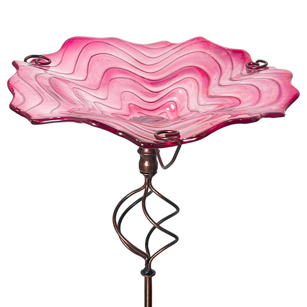 HONGLAND front view of pink glass birdbath showing whole decorative design and curb appeal