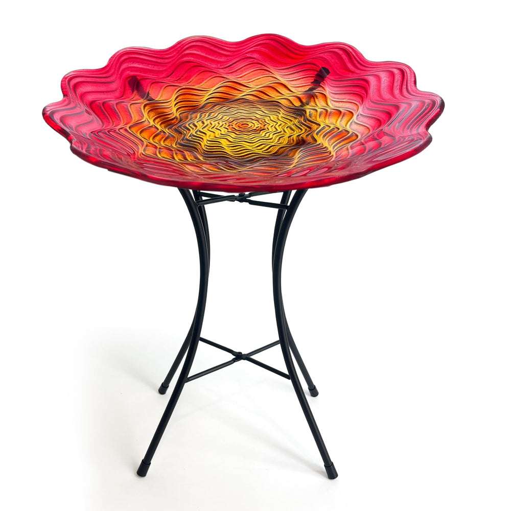 HONGLAND front view of red glass bird bath showing decorative design and curb appeal