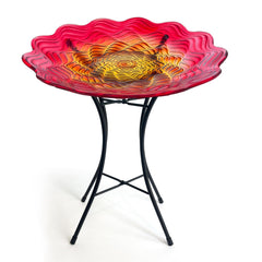 HONGLAND front view of red glass bird bath showing decorative design and curb appeal