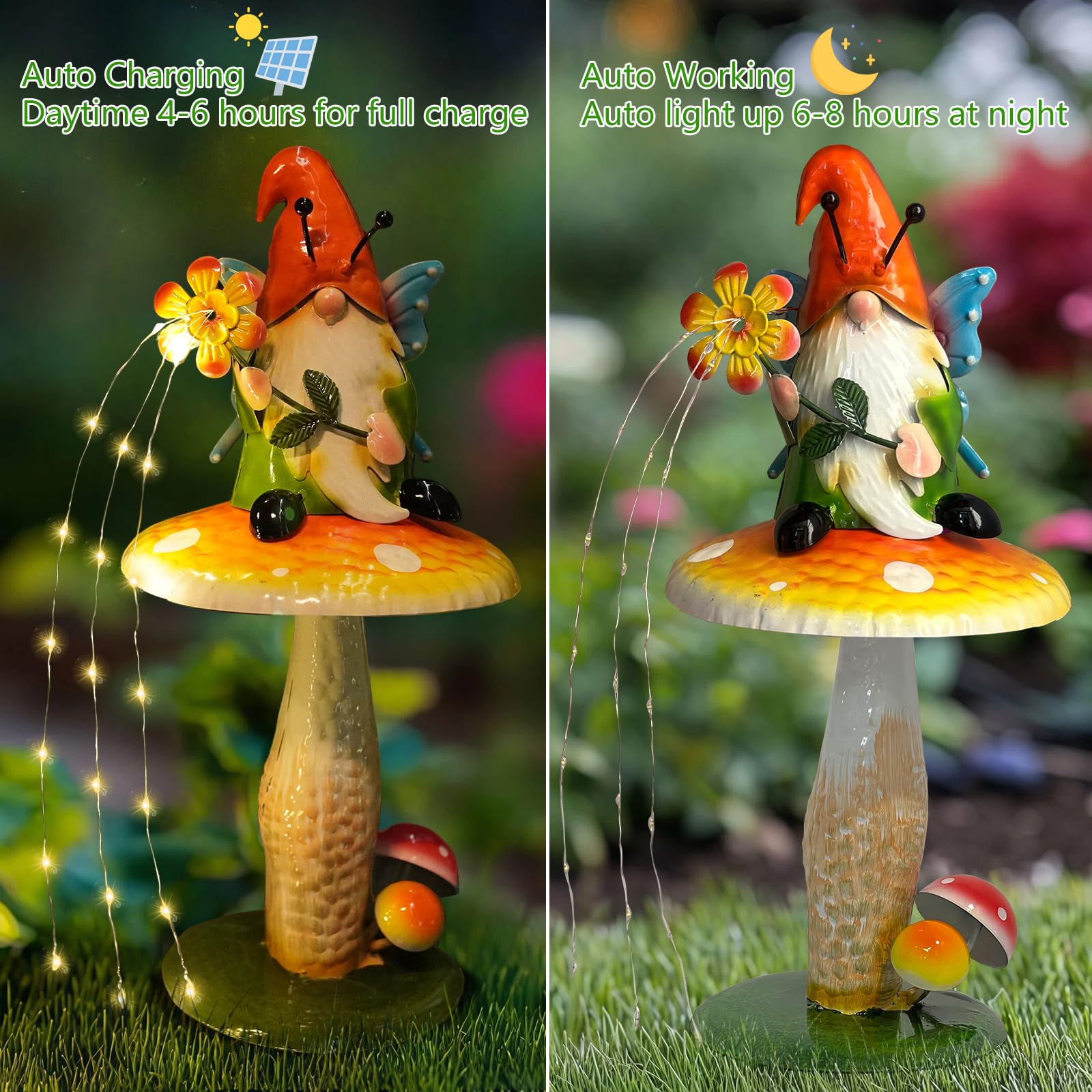 HONGLAND gnome lit at dusk showing solar fairy lights creating ambiance