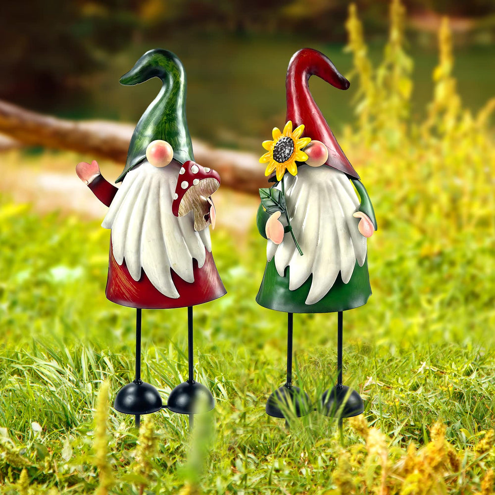 HONGLAND gnome pair placed in lawn and flower bed adding instant curb appeal