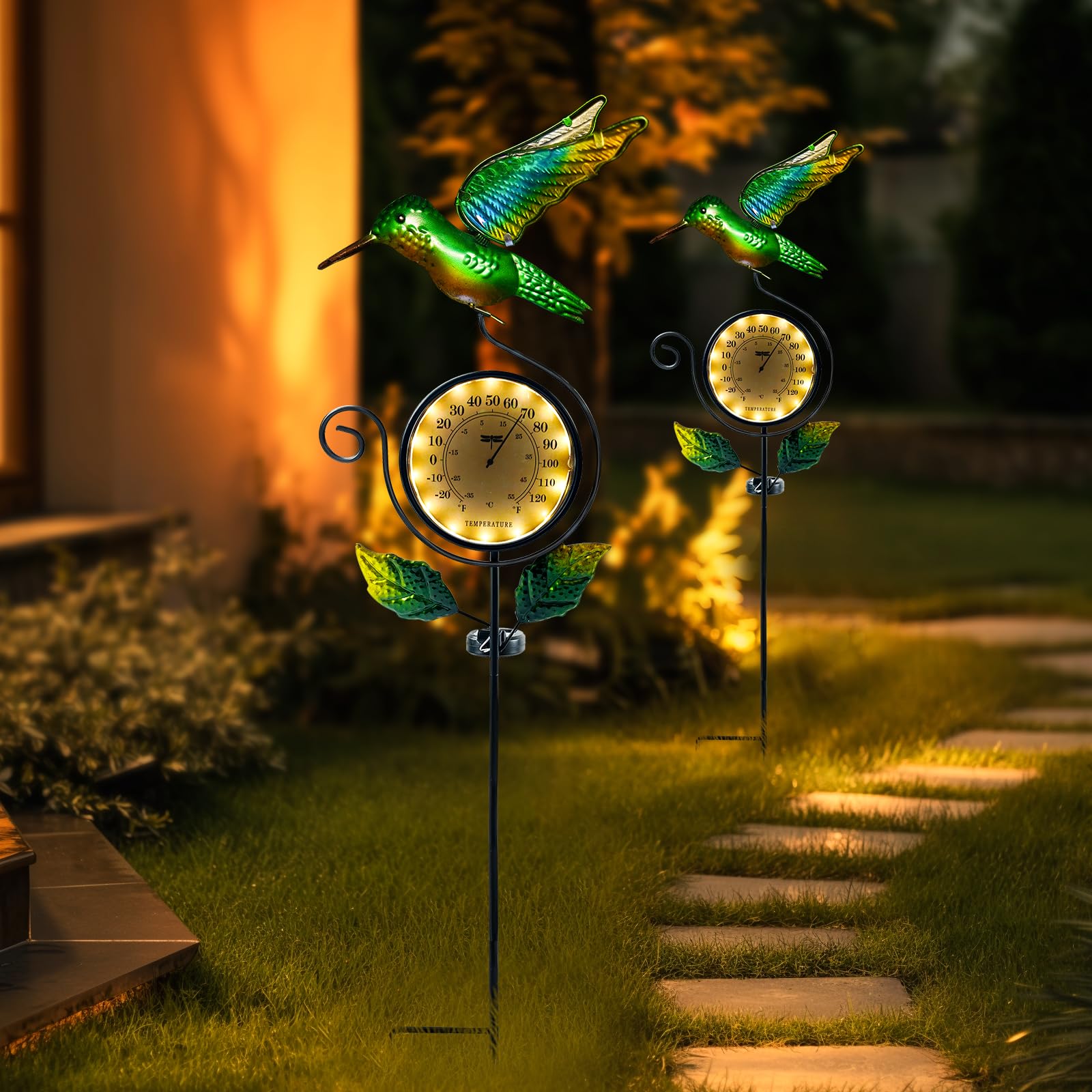 HONGLAND stake installed in lawn providing temperature info and decorative flair