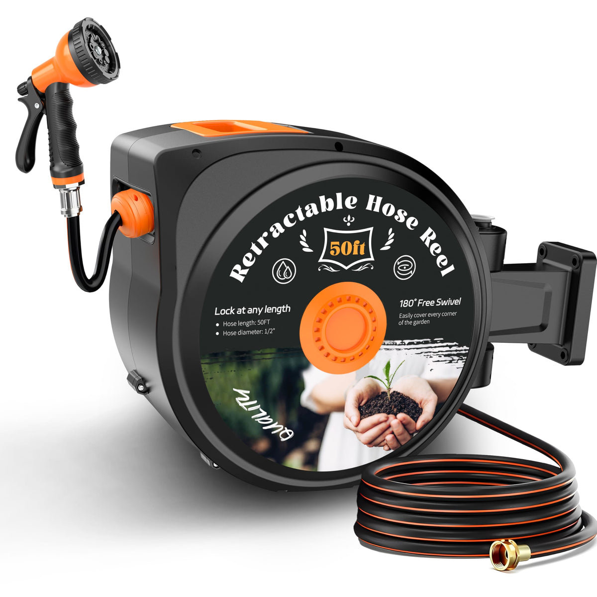 Hongmai front view of wall-mounted reel showing compact design and tidy storage benefit