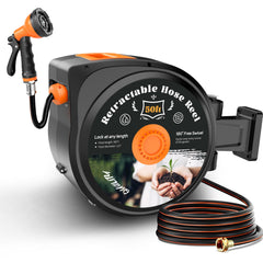 Hongmai front view of wall-mounted reel showing compact design and tidy storage benefit