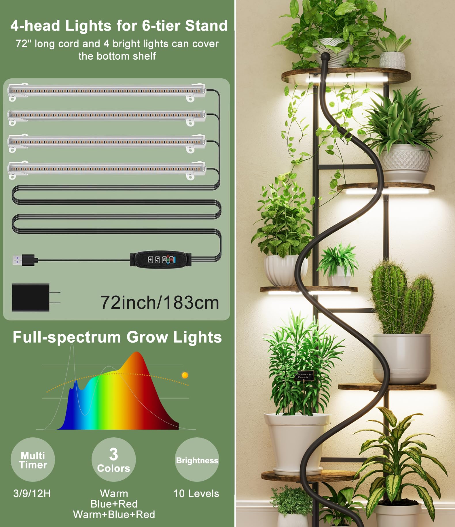 Hongsane four-head grow light overhead showing even illumination across shelves