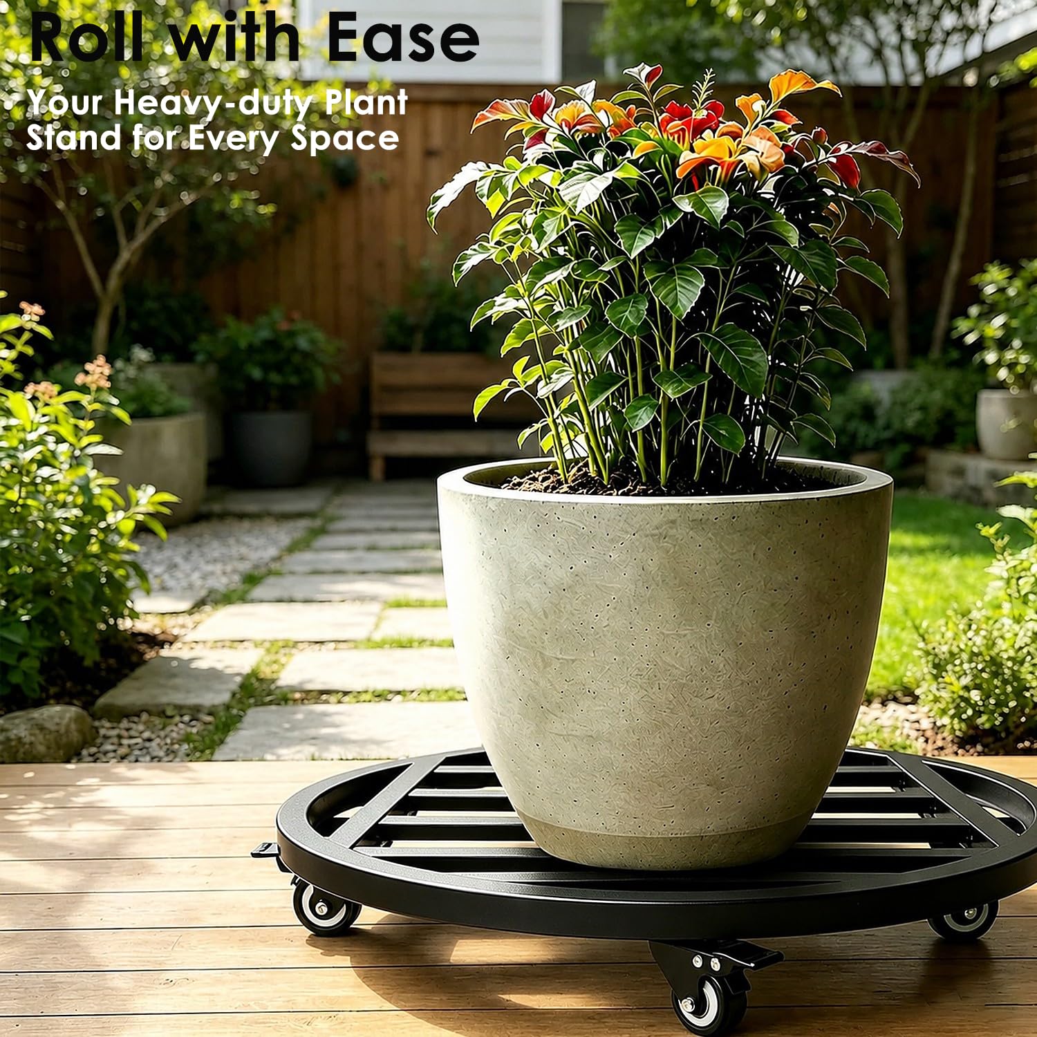 Hongsane plant caddy on patio with planter showing outdoor-ready, weatherproof benefit