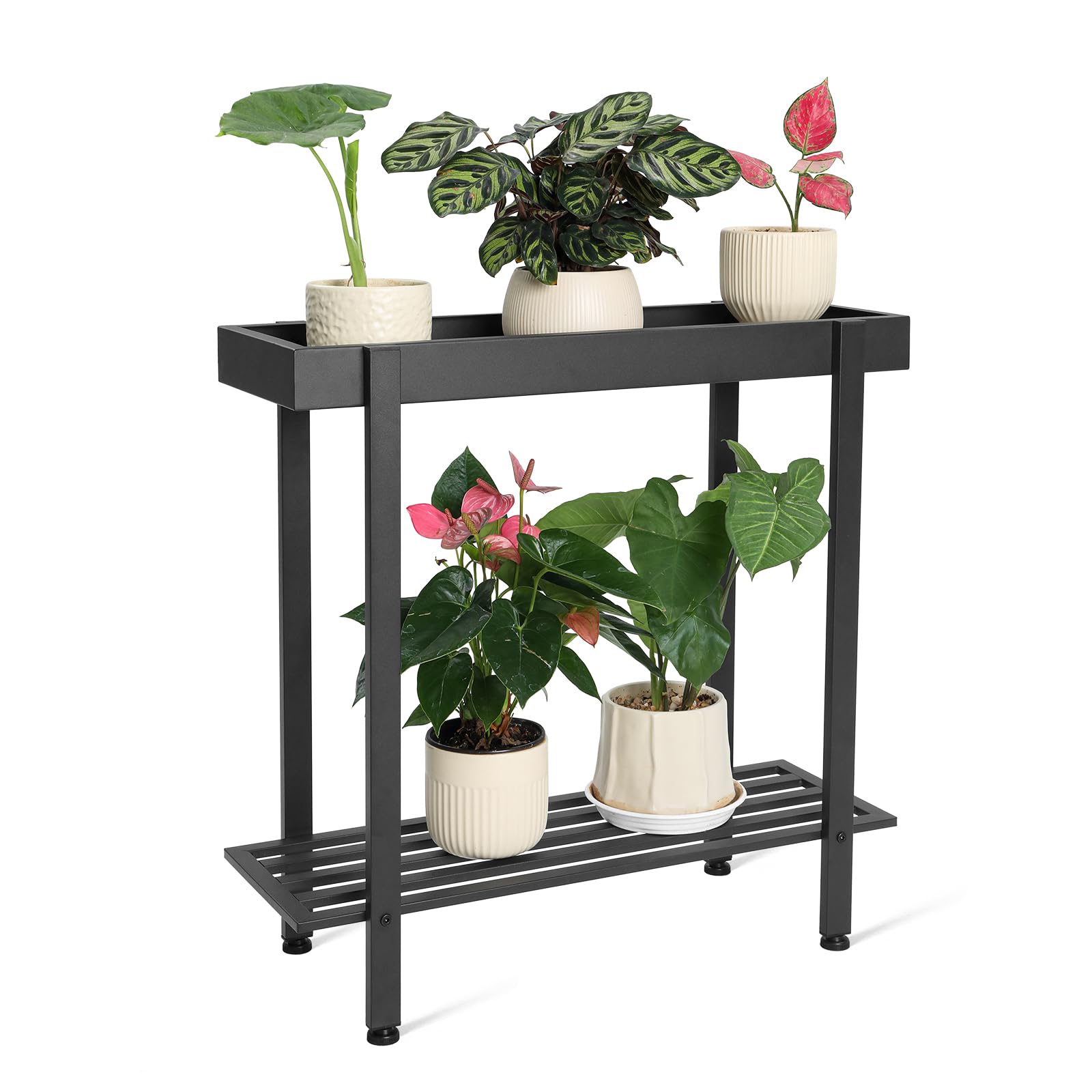 Honla front view of black two tier plant stand showing sleek display benefit