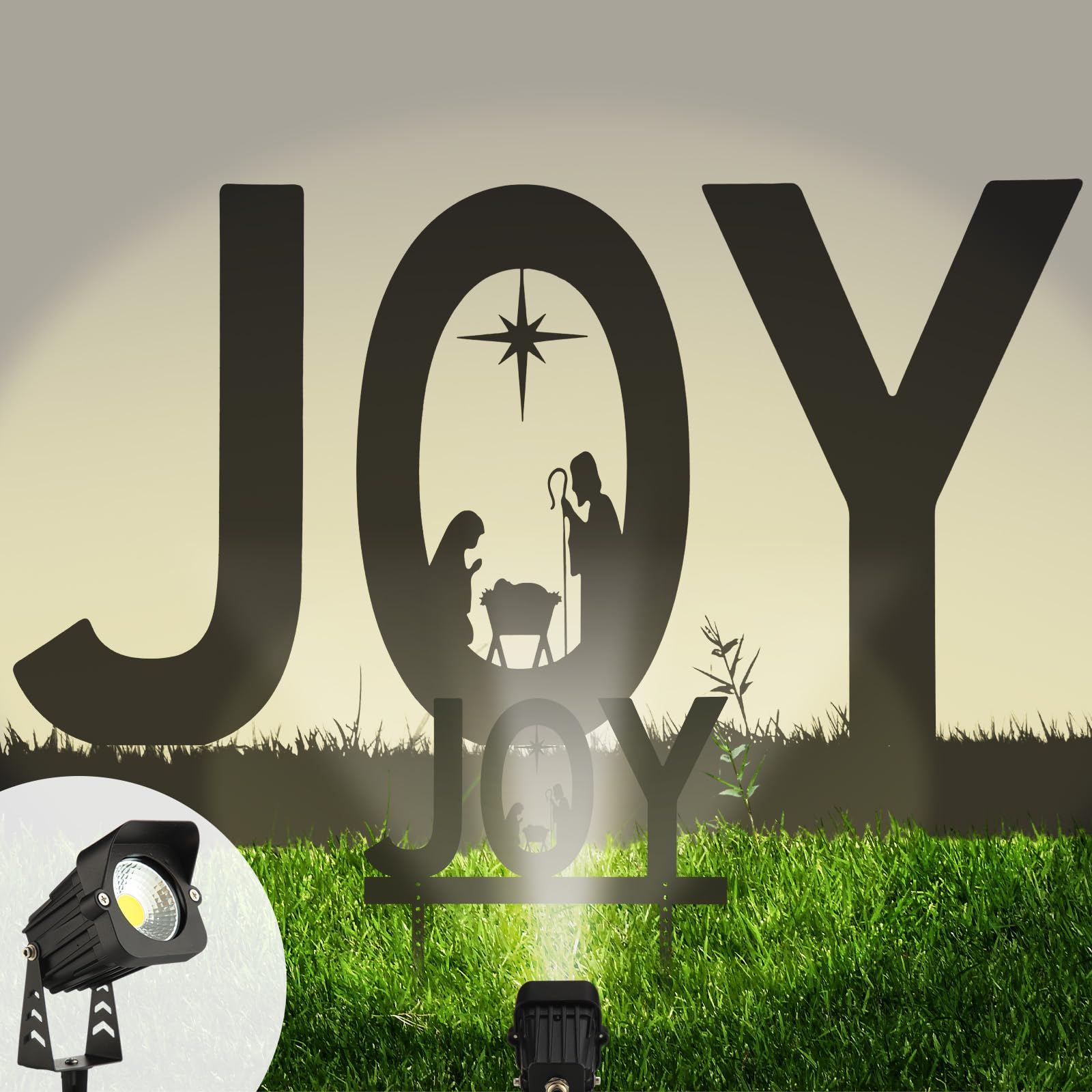 Honoson JOY metal sign front view showing nativity and festive curb appeal