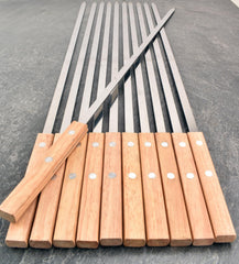 HONSHEN front view of 12-skewer set showing stainless blades and hardwood handles for durable grilling
