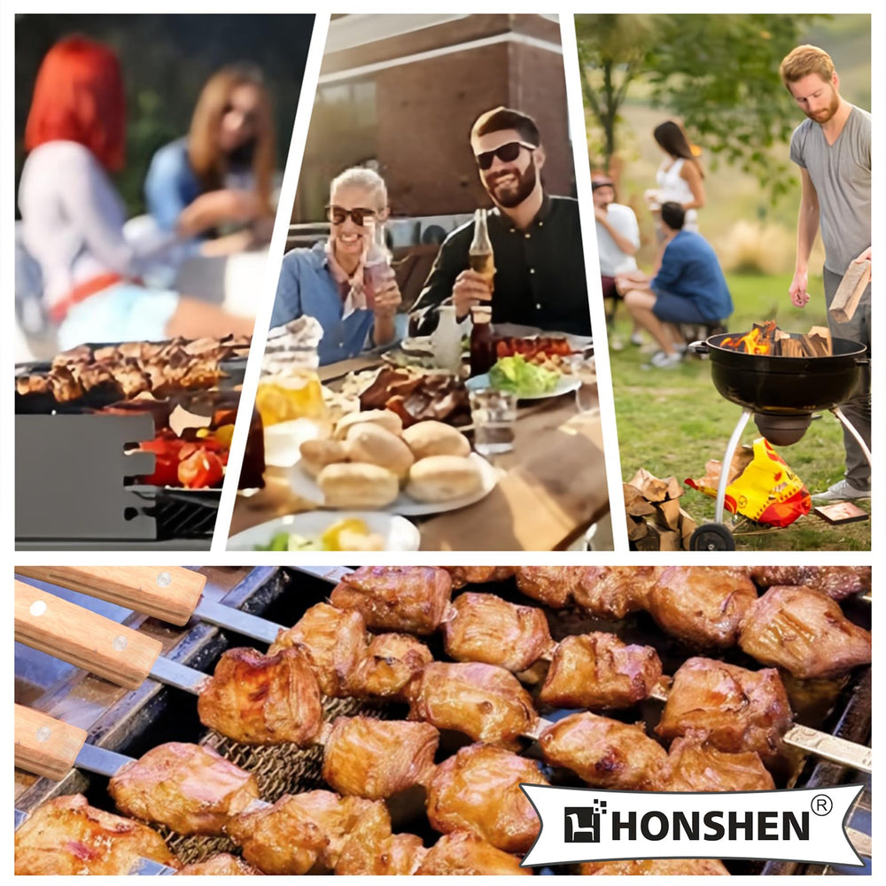 HONSHEN skewer beside dinner plate illustrating 22-inch length and hand clearance
