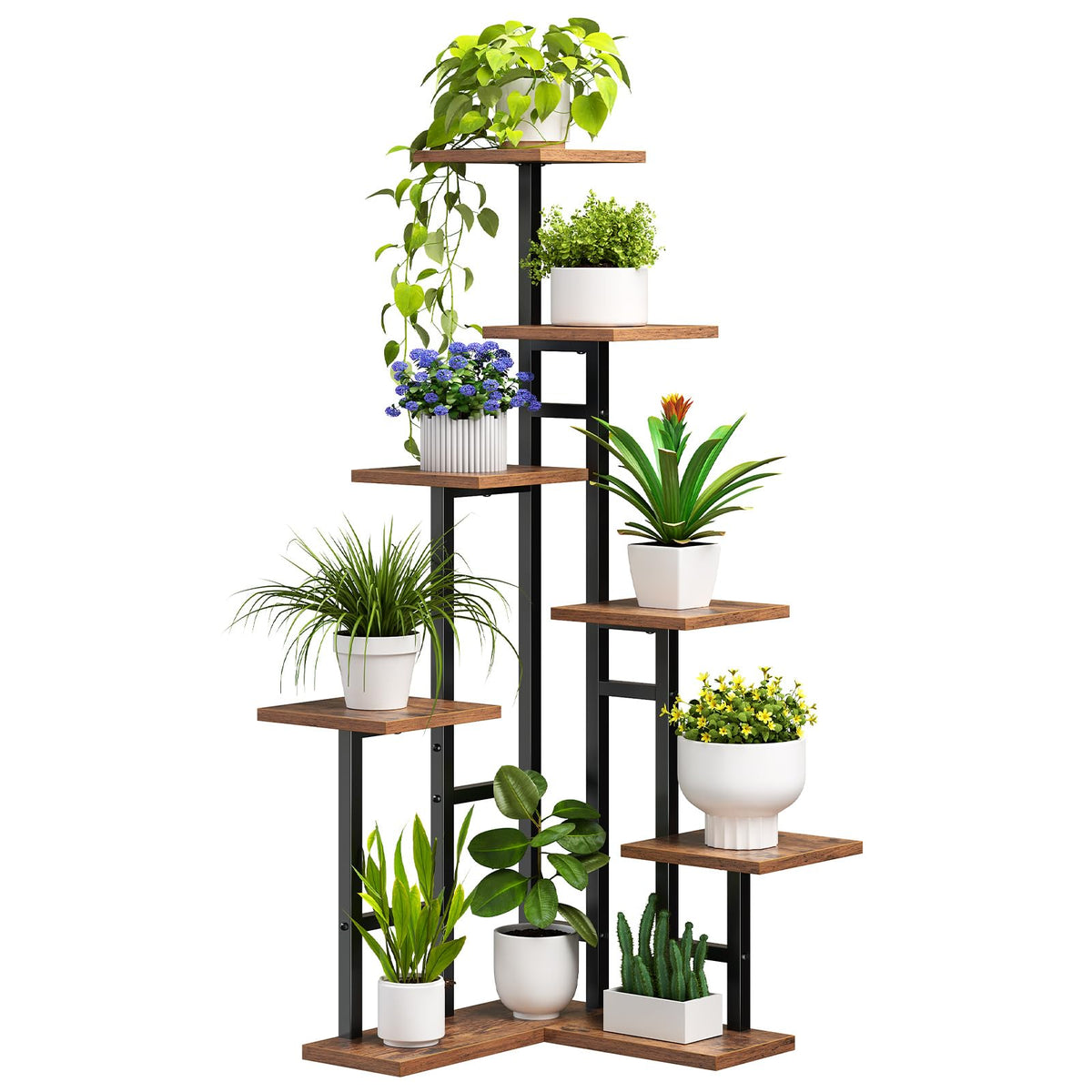 HOOBRO corner plant stand front view showing space-saving setup