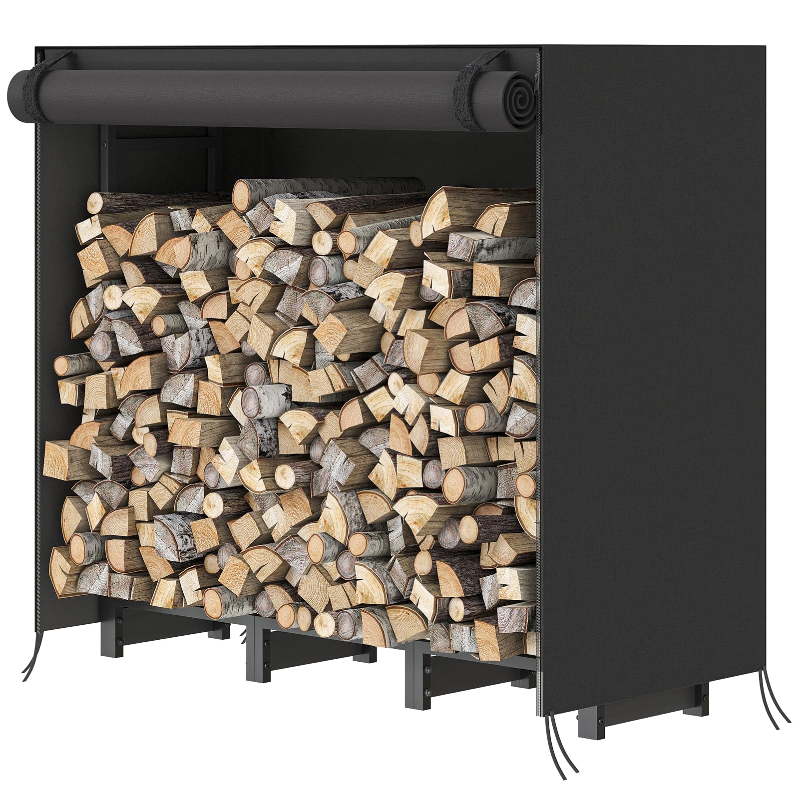 HOOBRO front view of 4ft firewood rack showing neat storage and protection