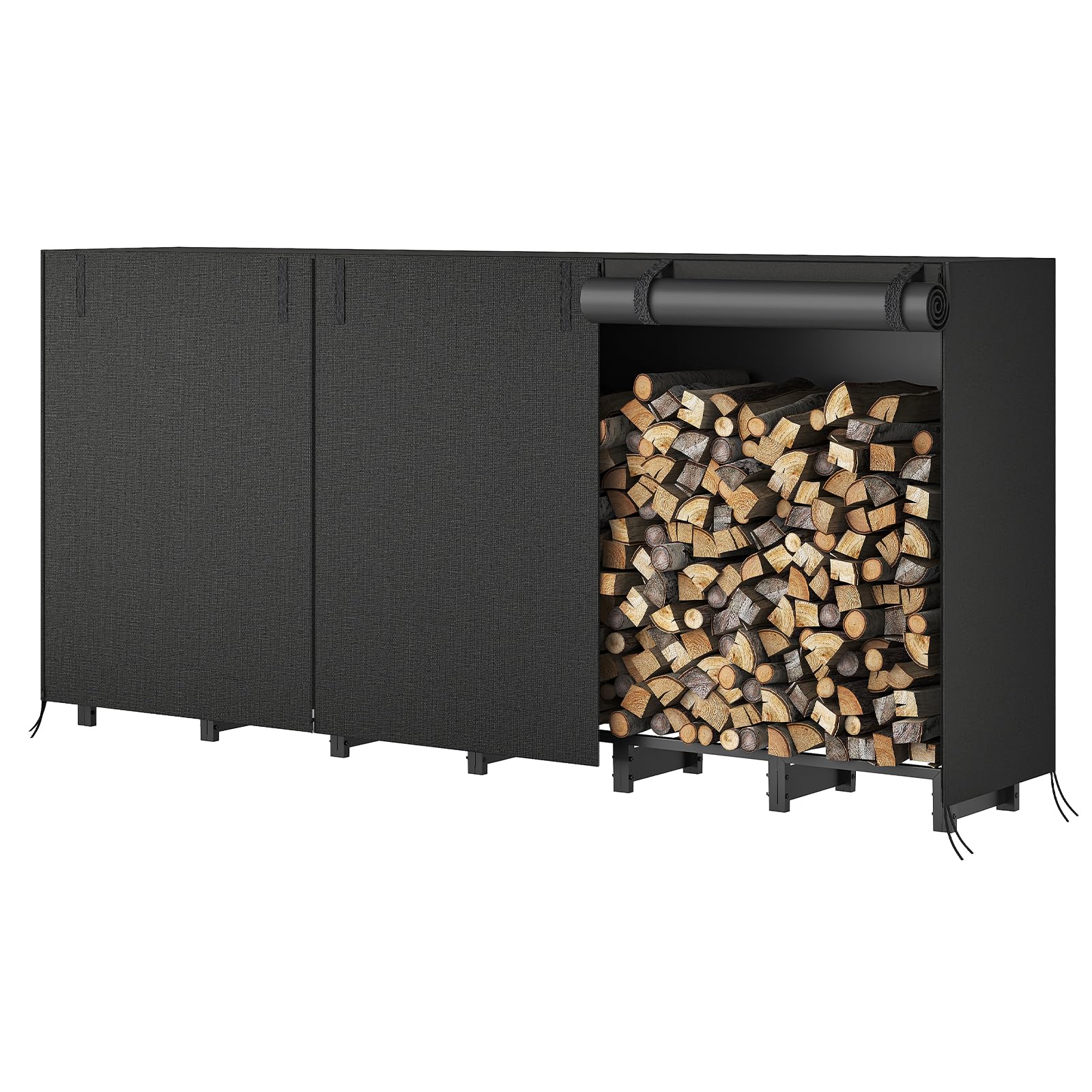 HOOBRO front view of 8ft firewood rack showing tidy weatherproof storage benefit