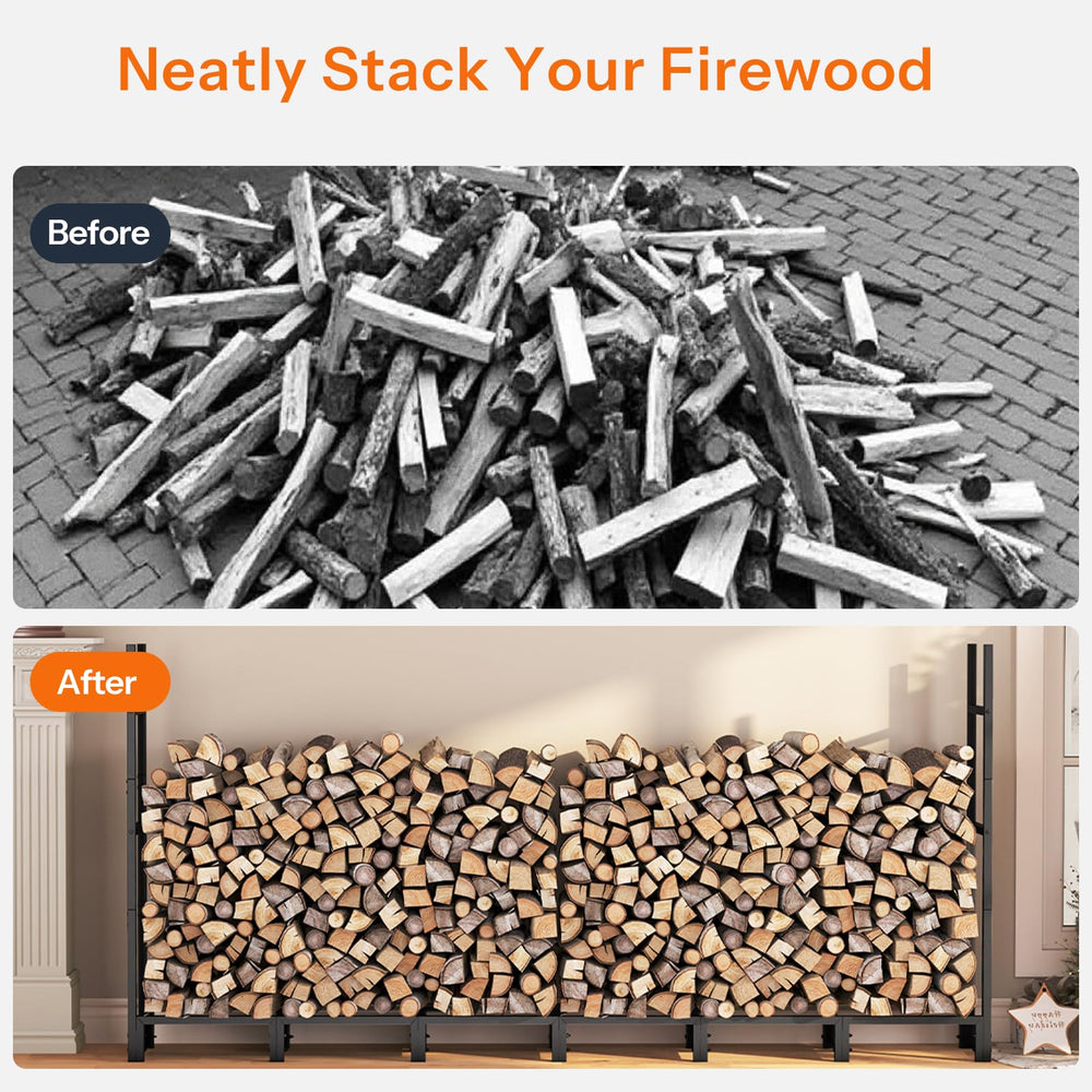 HOOBRO firewood rack on patio next to seating showing convenient access benefit
