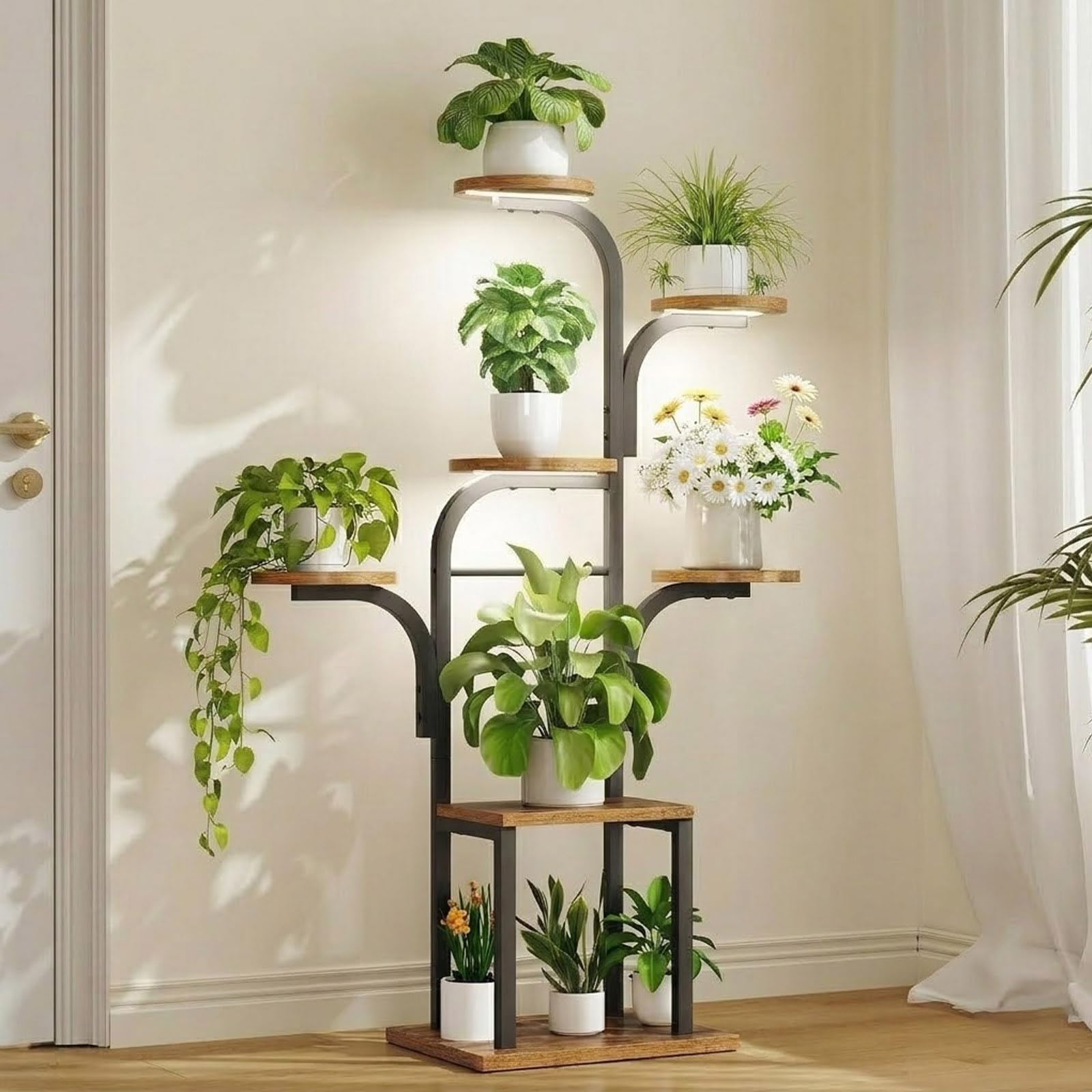 HOOBRO front view of 7-tier plant stand showing compact vertical display and space-saving benefit