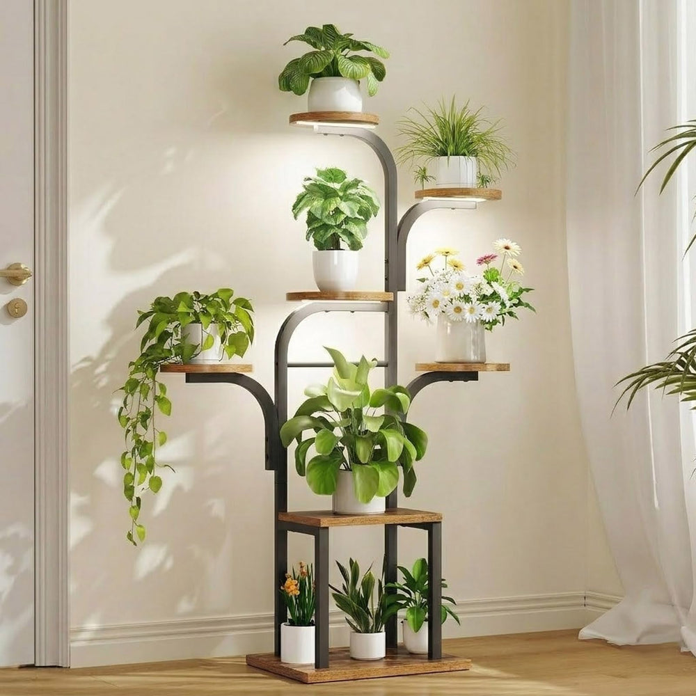 HOOBRO front view of 7-tier plant stand showing compact vertical display and space-saving benefit