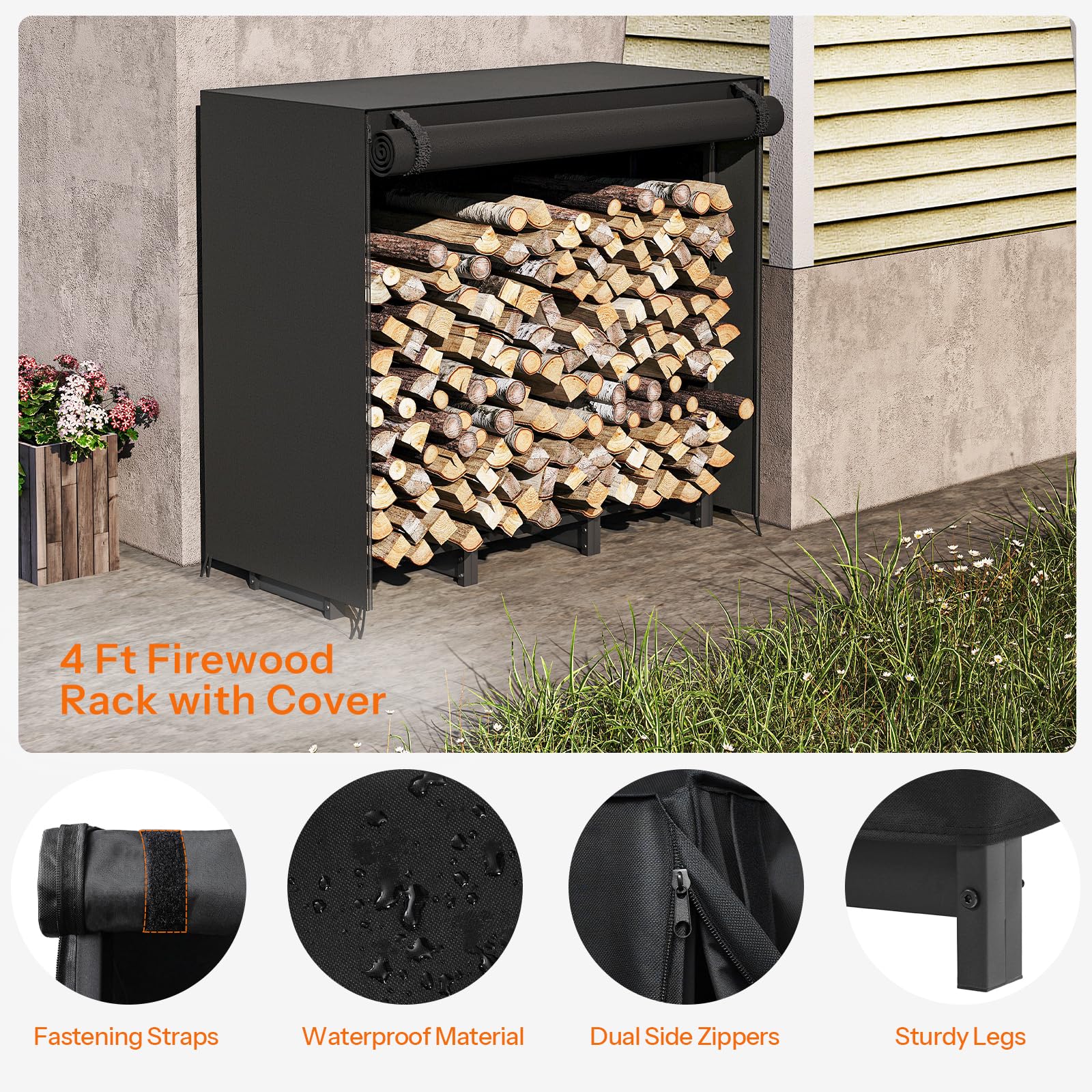 HOOBRO stacked logs on rack demonstrating 1/4 face cord capacity benefit
