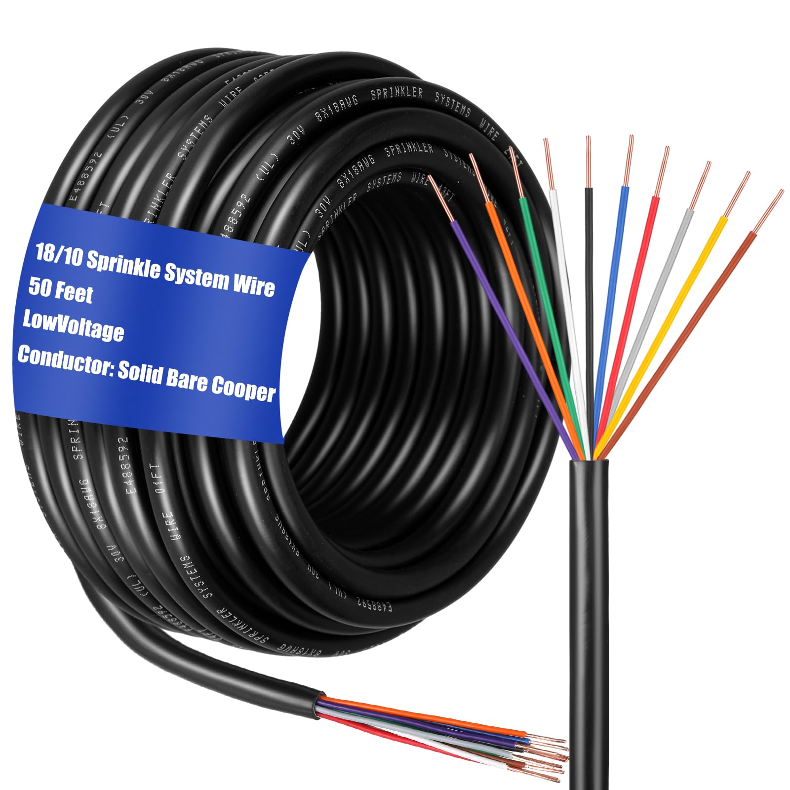 Hoolerry front packaging of 50ft sprinkler wire showing length and labeling benefits