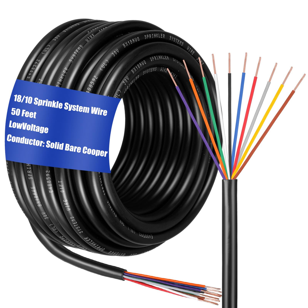 Hoolerry front packaging of 50ft sprinkler wire showing length and labeling benefits