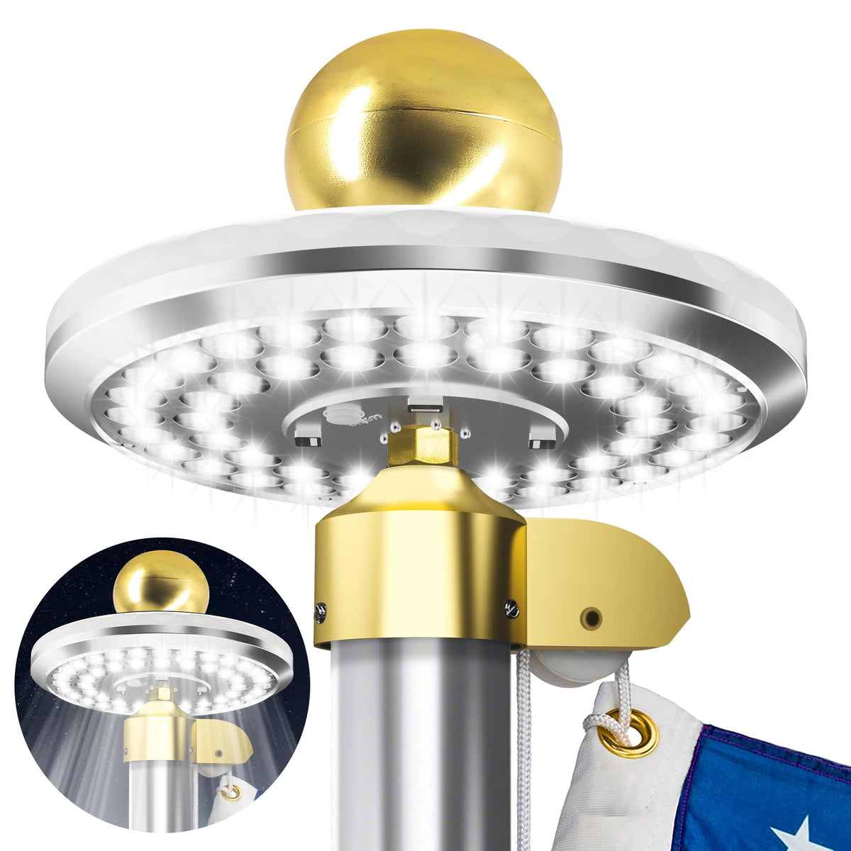 HOOPLE front view of solar flagpole light showing compact design and bright coverage