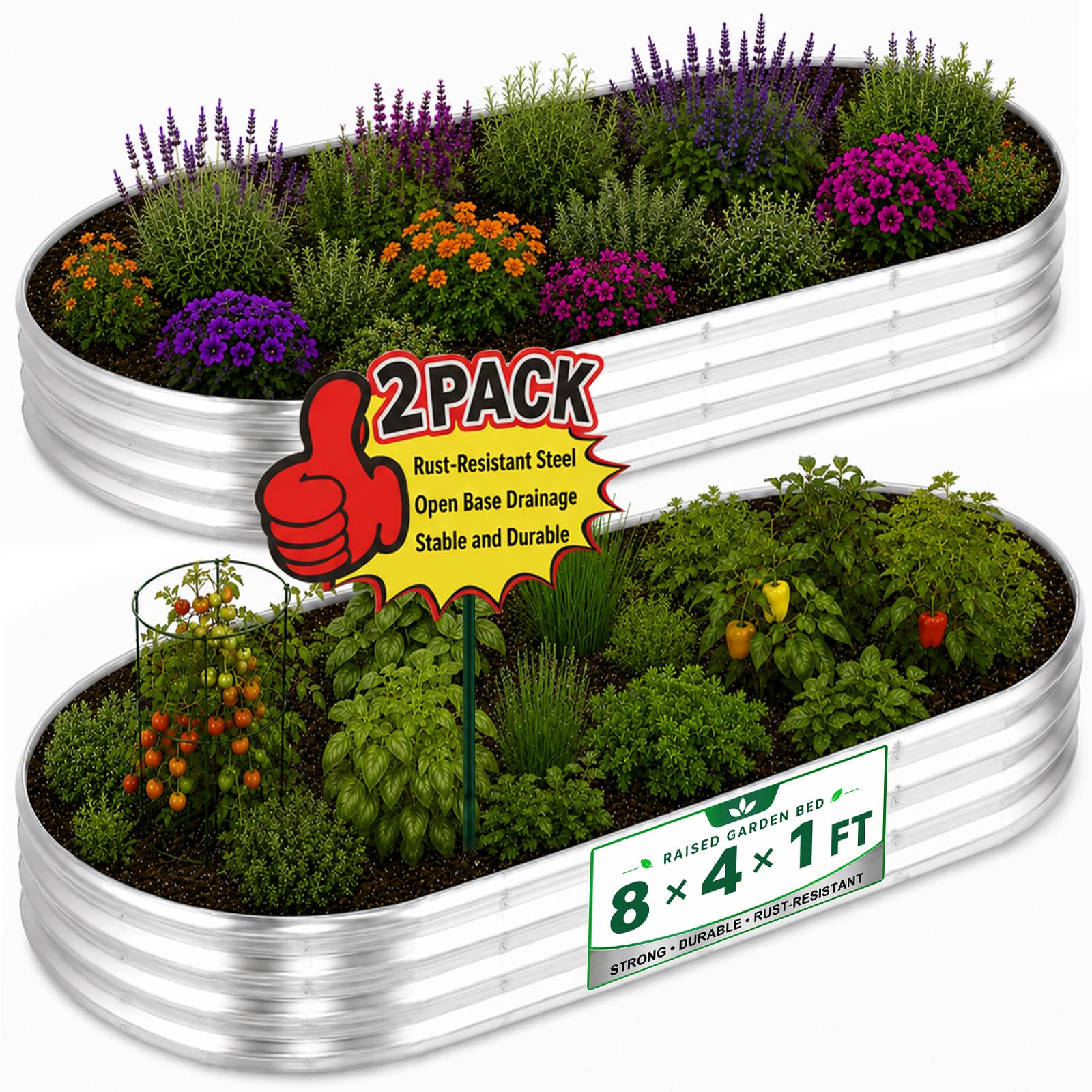 HOOPLE front view of two assembled oval galvanized garden beds showing large planting area