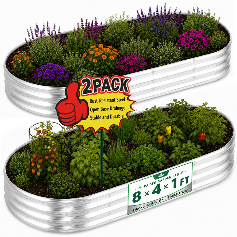 HOOPLE front view of two assembled oval galvanized garden beds showing large planting area