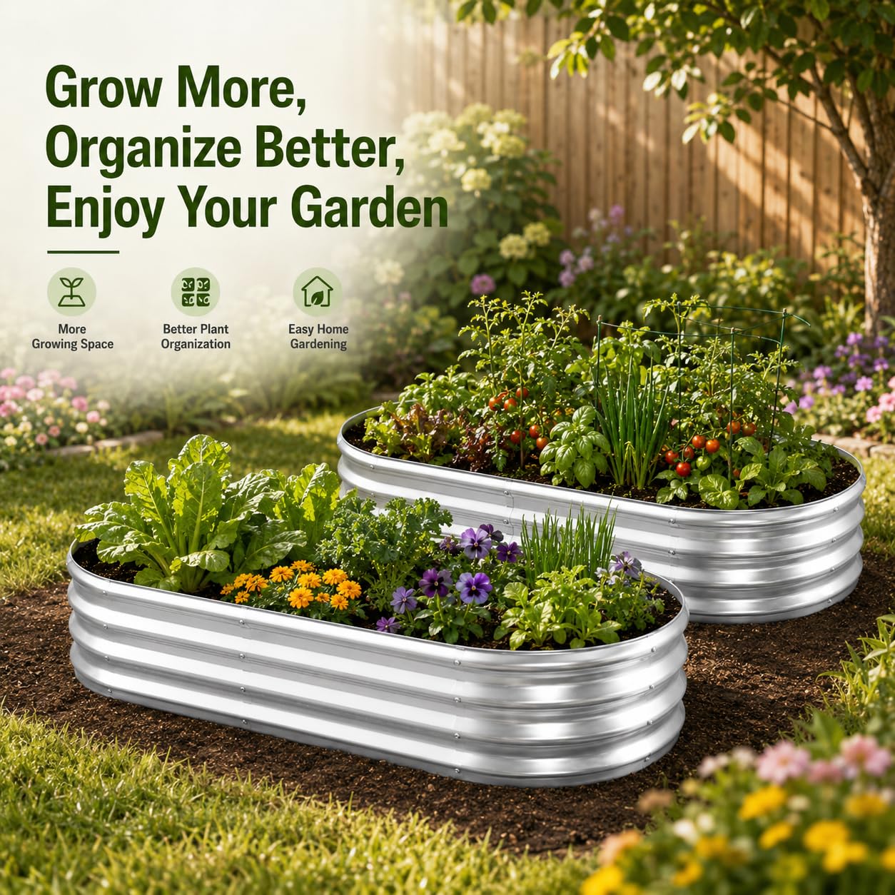 HOOPLE lifestyle patio scene with planters filled with herbs and flowers for curb appeal