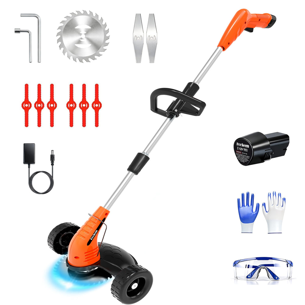HooSeen front view of orange trimmer showing compact wheeled design and portability