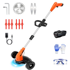 HooSeen front view of orange trimmer showing compact wheeled design and portability
