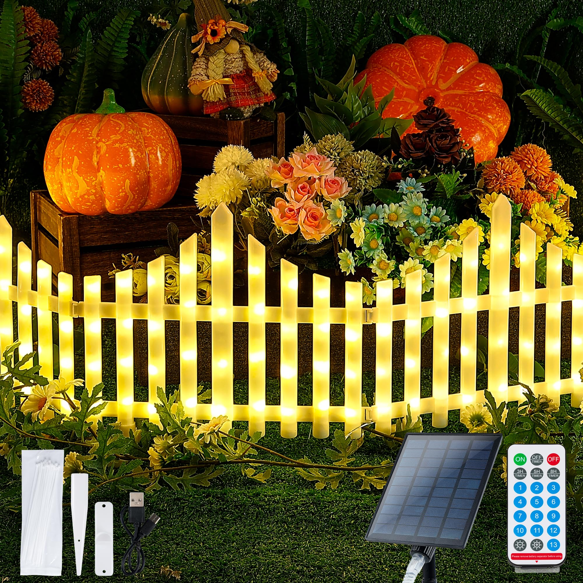 Hopolon front view of four fence panels showing assembled warm white LEDs and branding benefit