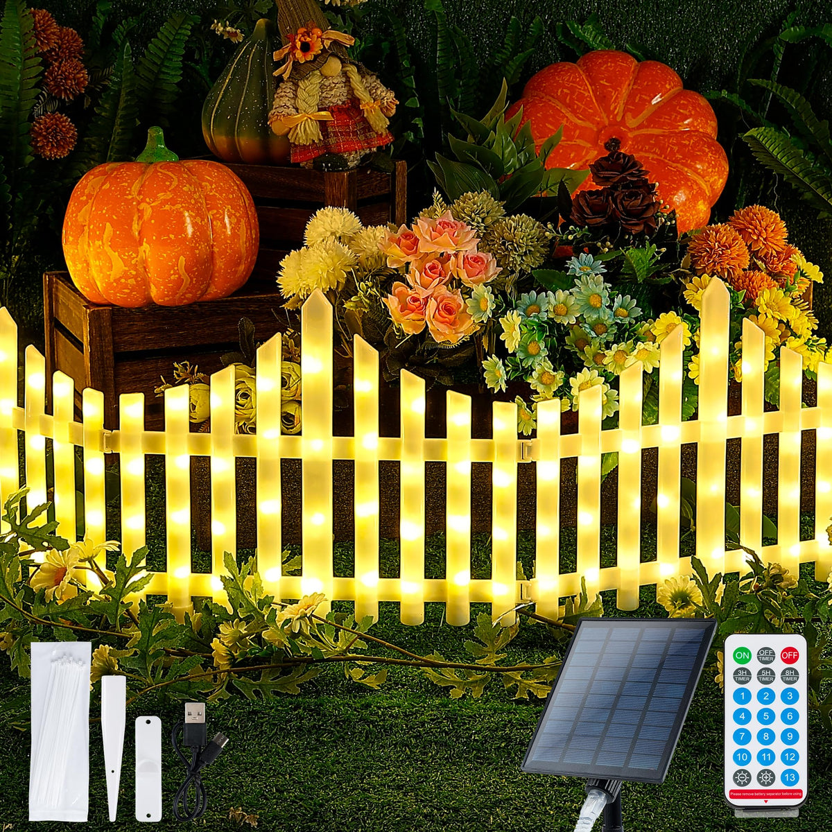 Hopolon front view of four fence panels showing assembled warm white LEDs and branding benefit