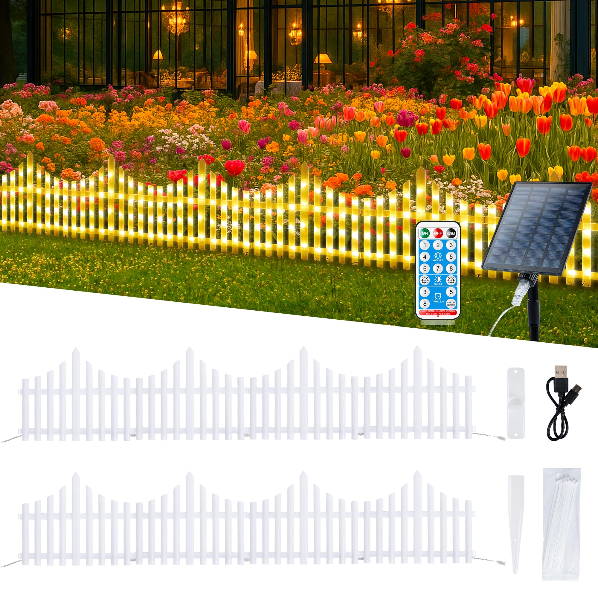 hopolon front view lighted garden fence showing warm lighting and curb appeal