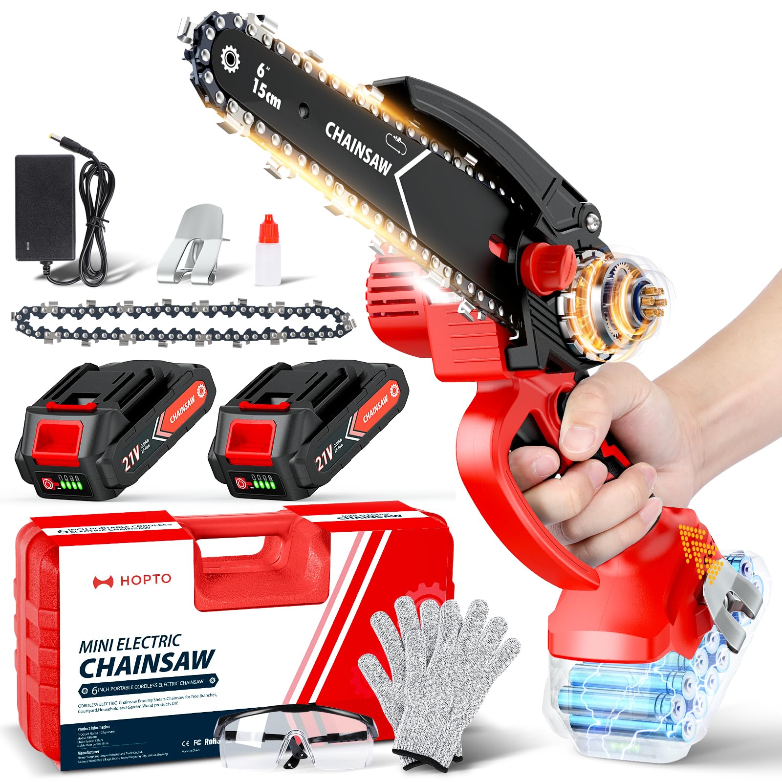 HOPTO mini chainsaw front view showing compact form and easy grip benefit