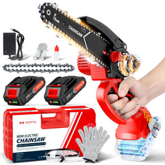 HOPTO mini chainsaw front view showing compact form and easy grip benefit