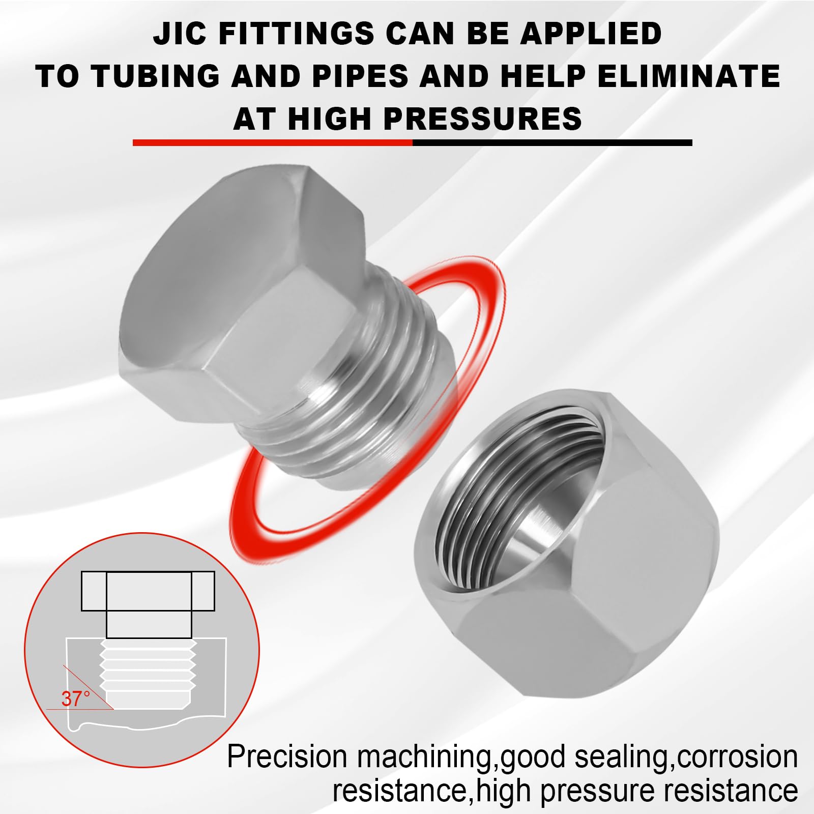 Hoqqf close-up of precision threads on a JIC cap, ensures secure seal benefit