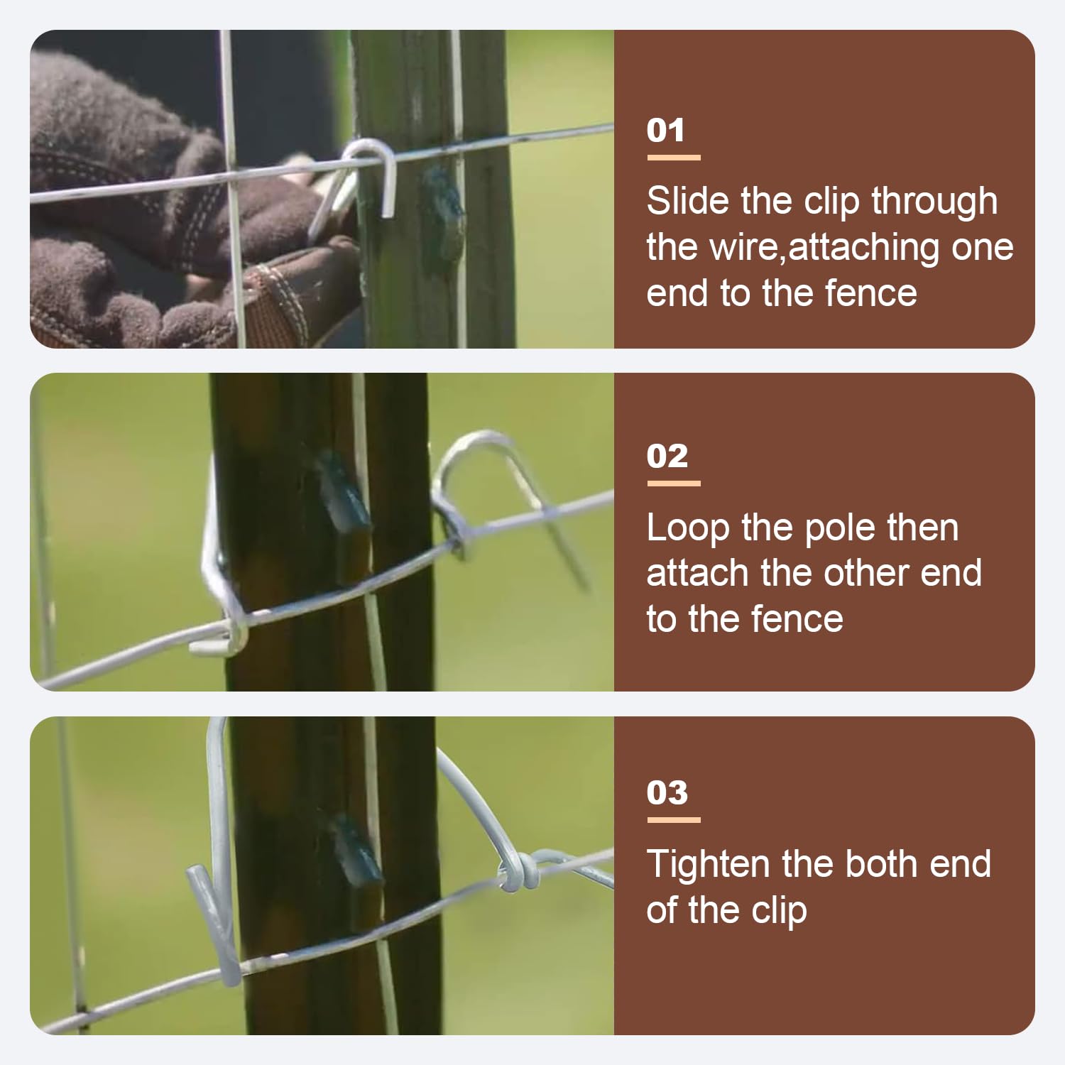 Hoqqf clip installed on a T-post holding chicken wire tight to prevent sagging