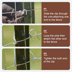 Hoqqf clip installed on a T-post holding chicken wire tight to prevent sagging