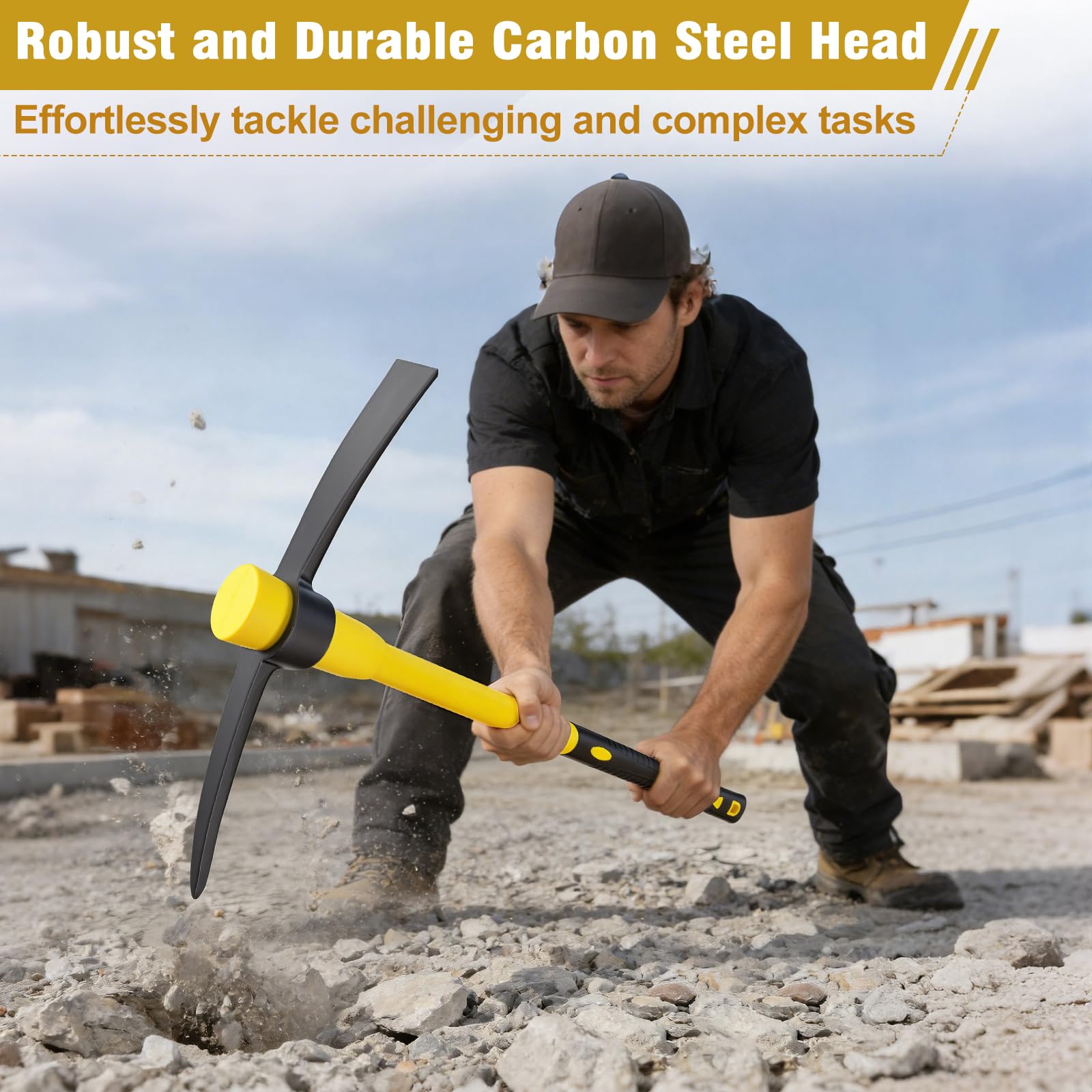 HoRiMe pickaxe beside a tape measure showing 36-inch length for better leverage