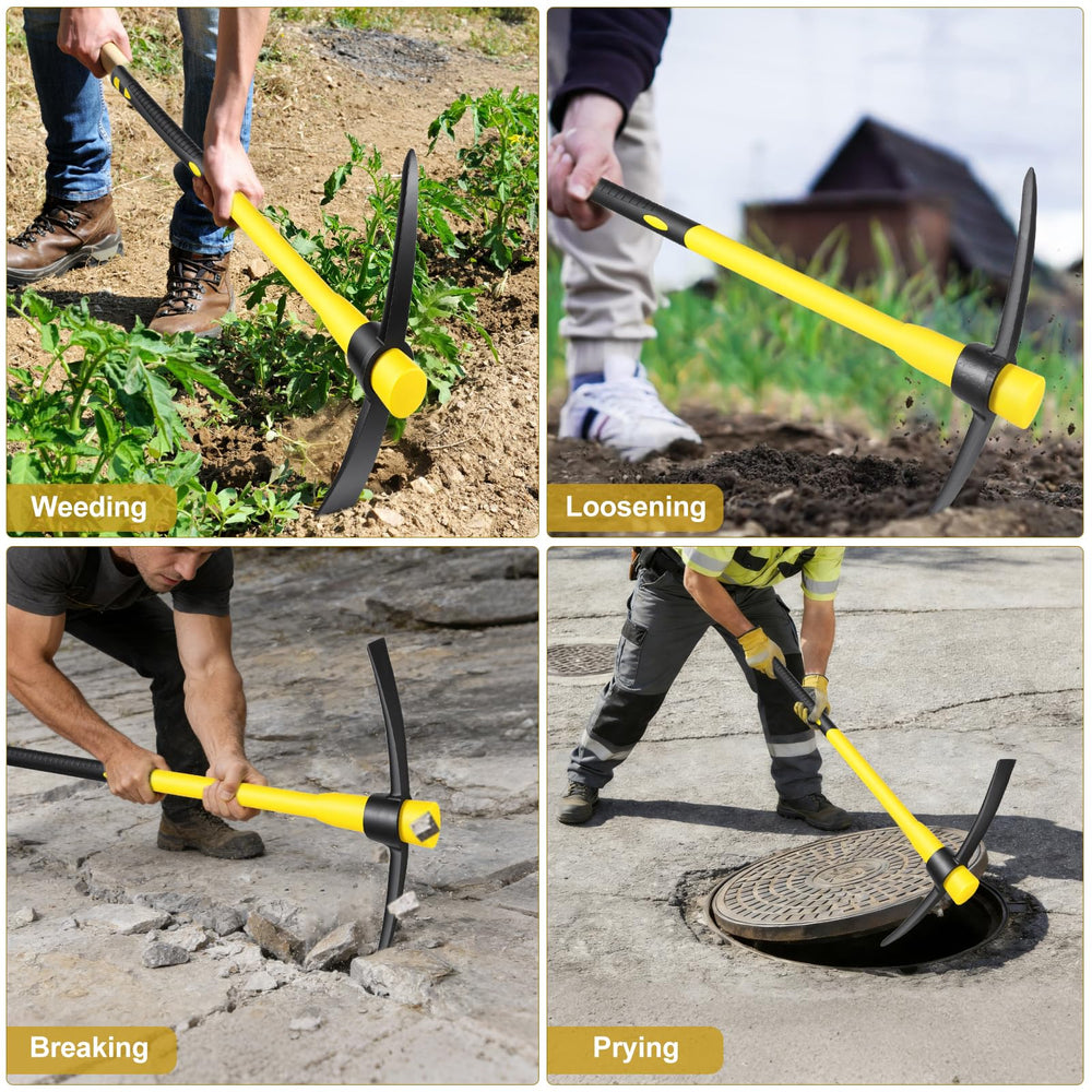 HoRiMe pickaxe leaned against garden bed showing real-world landscape use