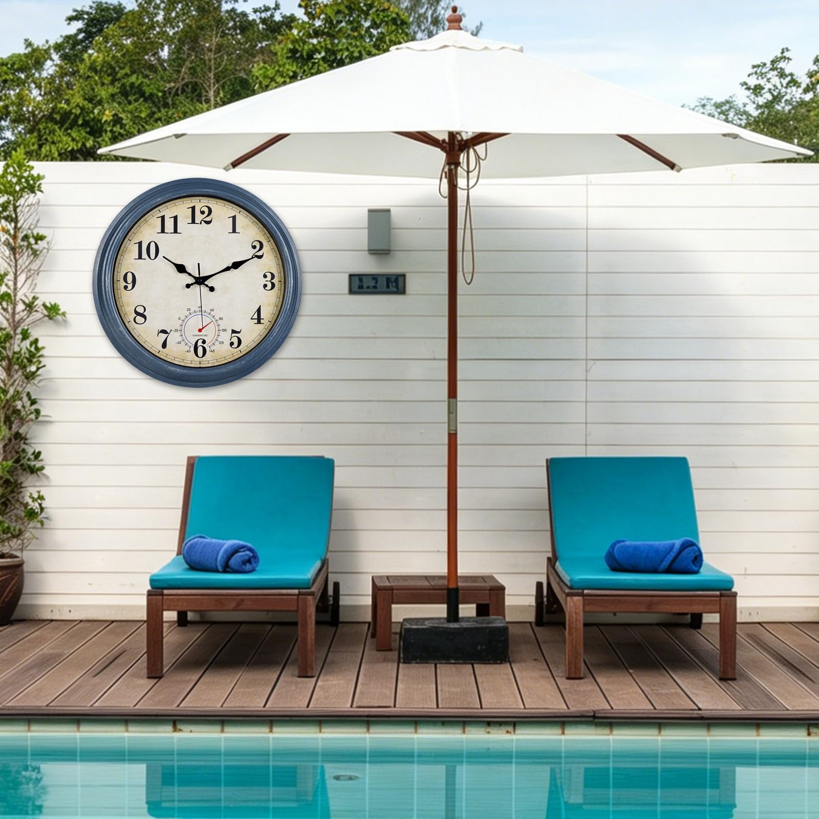 Horizent close-up of clock texture showing vintage finish and durable exterior for outdoor use