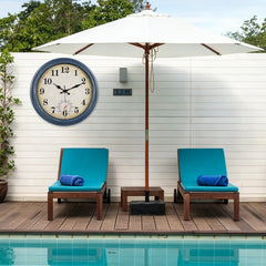 Horizent close-up of clock texture showing vintage finish and durable exterior for outdoor use