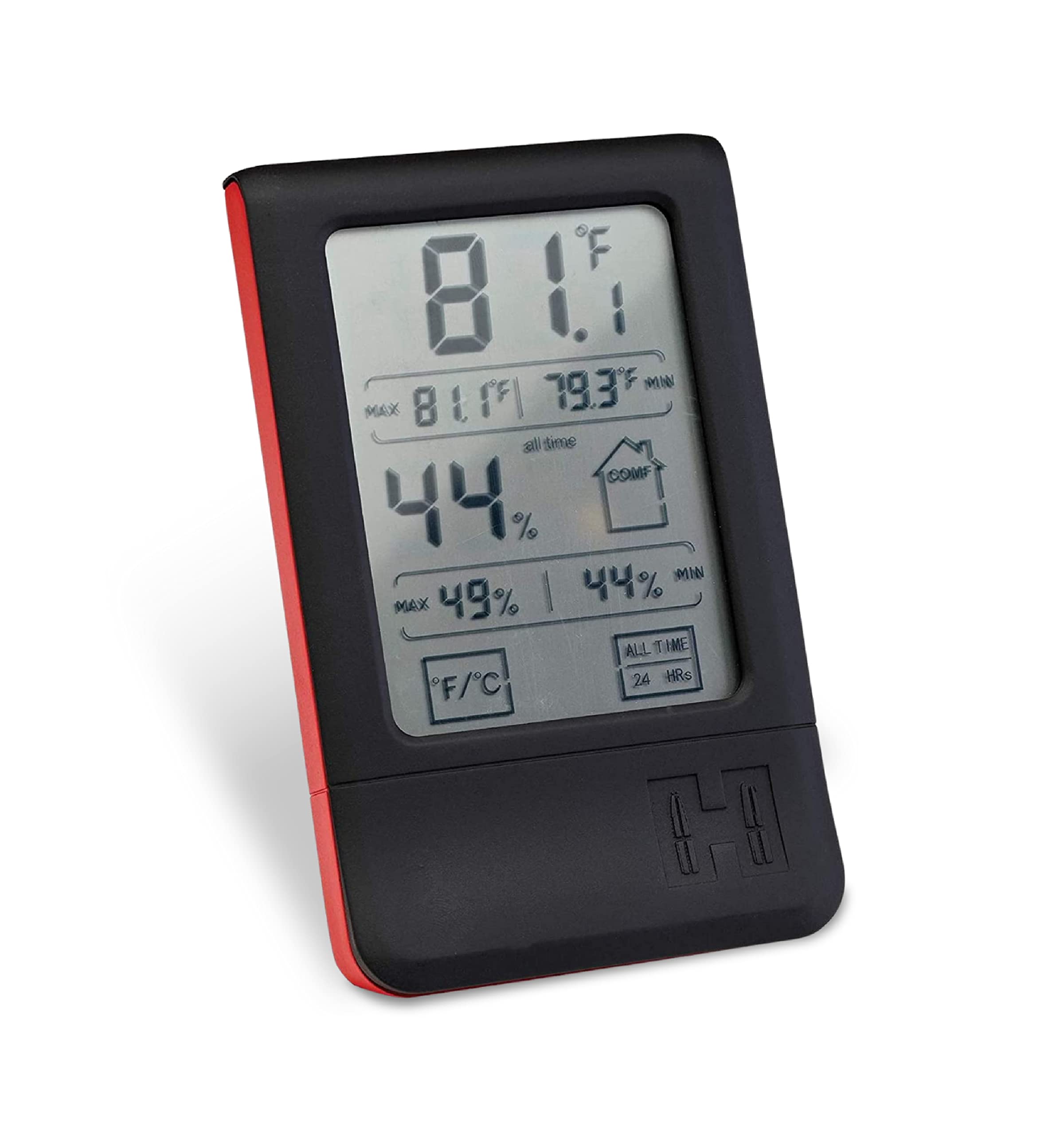 Hornady digital hygrometer front display showing temperature and humidity readings, clear monitoring