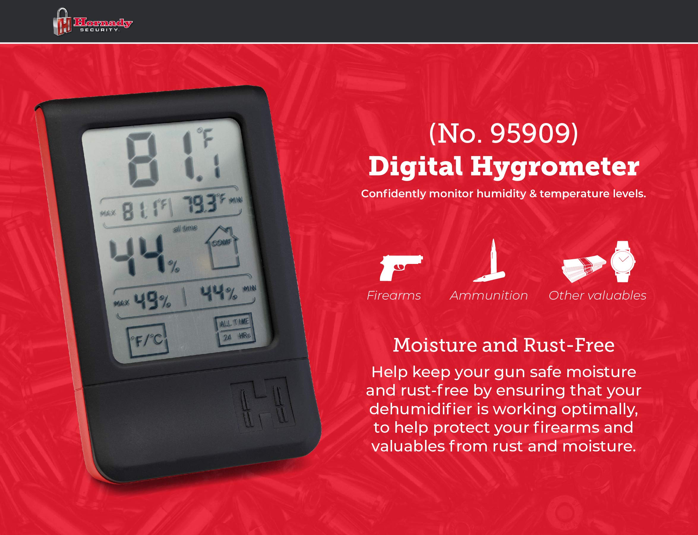 Hornady hygrometer with fold-out stand positioned on safe floor for stable monitoring